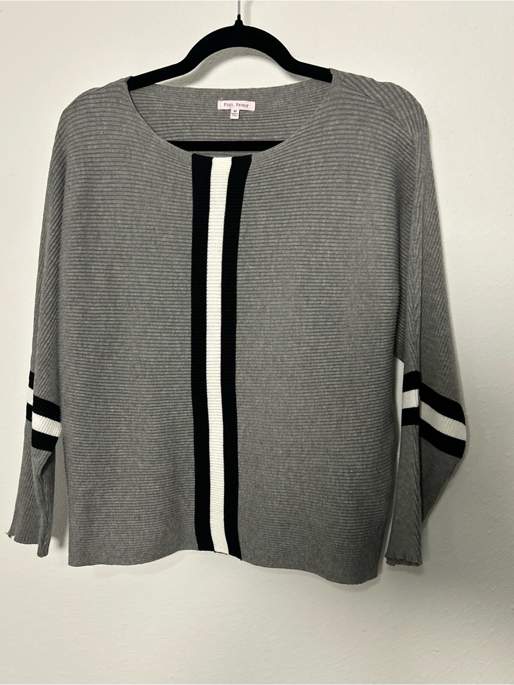 Pink Peony Gray Ribbed Crew Sweater
